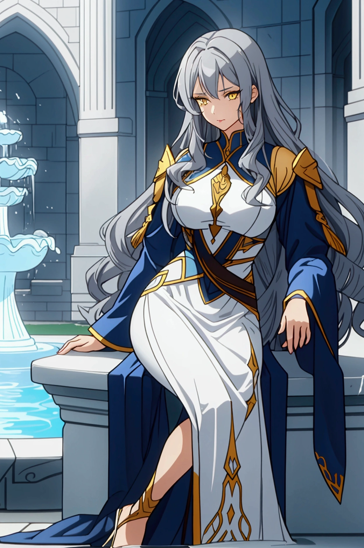 Tall adult woman, light skin, scar on her lip, almond-shaped blue and yellow eyes, long, semi-wavy dark blue hair with gray strands, like gray hair, elegant and fanciful clothing, sitting on a fountain