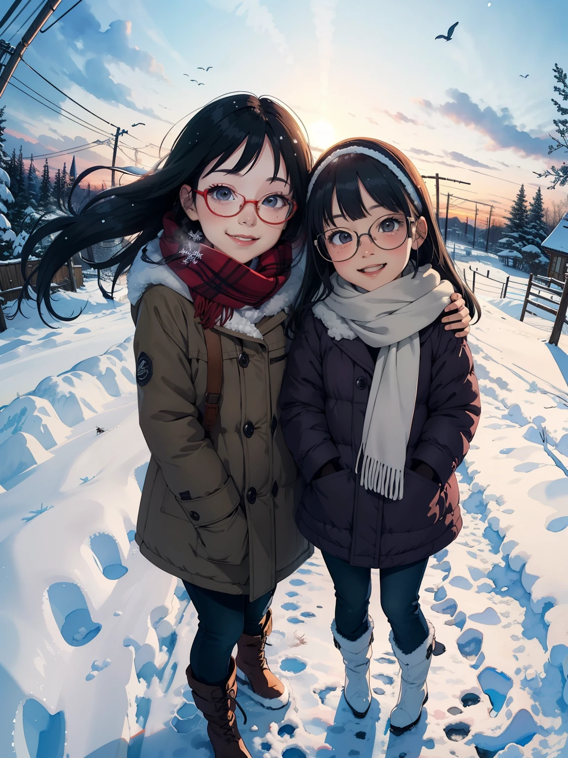 masterpiece，    best quality，  High image quality  ，( super flat， flat shading  )， fisheye lens，Beautiful petite trained young mother and very cute trained daughter:1.25， warm scarf，(naked)， long hair, Glasses，    boots, smile, smile, White Breath，fun, play, winter, snow, 新snow，At dusk，Beautiful sunset，Wide angle,    bright color , watercolor,  Ghibli style ，Strong winds， girl&#39;Lure，