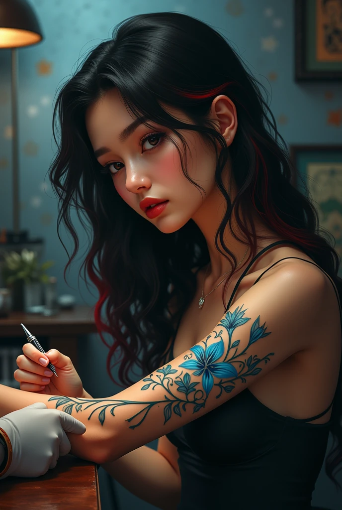 (best quality, ultra-detail, photography, photorealistic:1.2), dramatic lighting, 1girl, thick eyebrows, hazel eyes, semi long hair, arm_support, beautiful bare back, Tattoo on arm, oil portraiture, vibrant color scheme