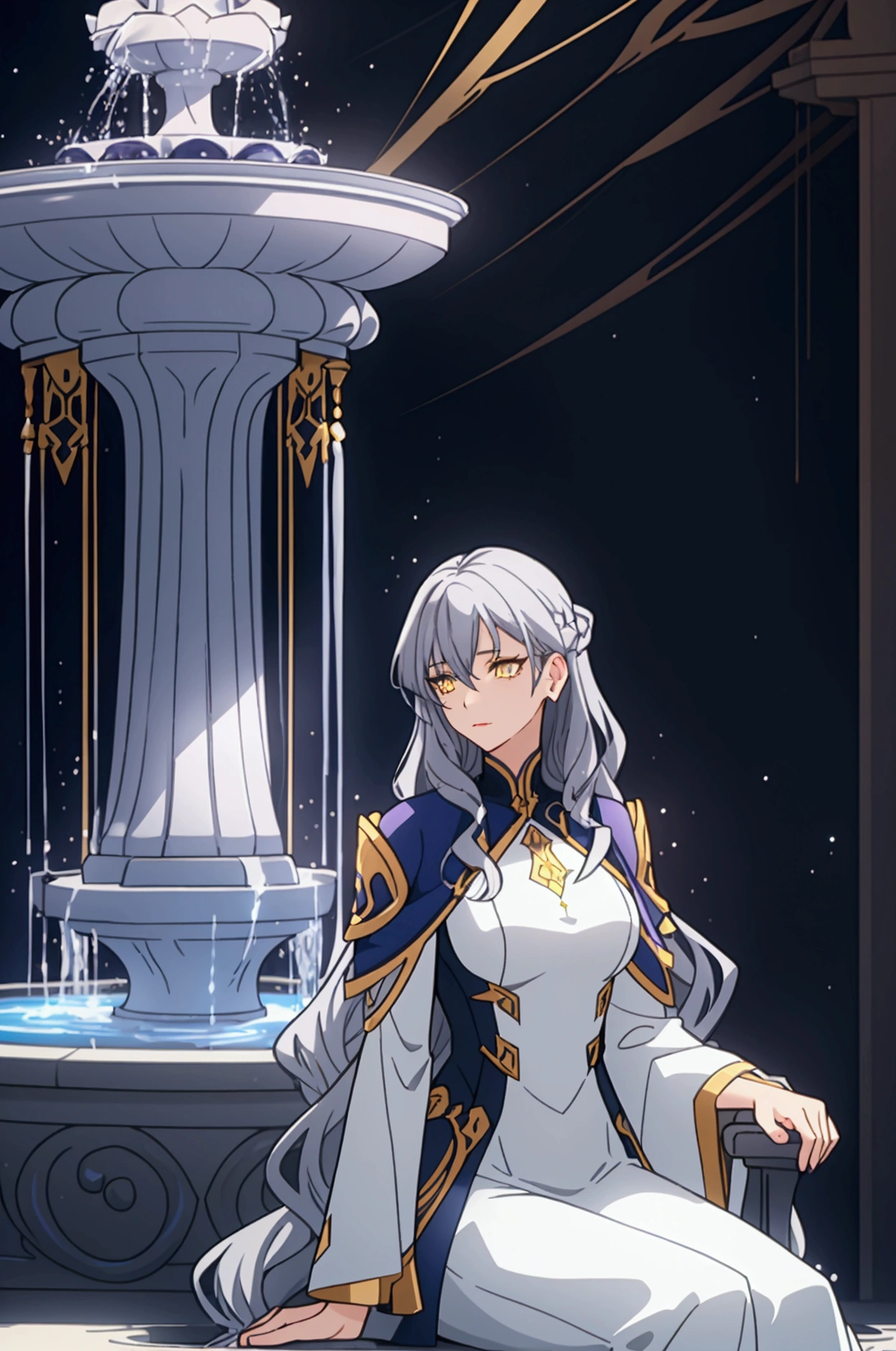 Tall adult woman, light skin, scar on her lip, almond-shaped blue and yellow eyes, long, semi-wavy dark blue hair with gray strands, like gray hair, elegant and fanciful clothing, mostly purple whit gold, sitting on a fountain