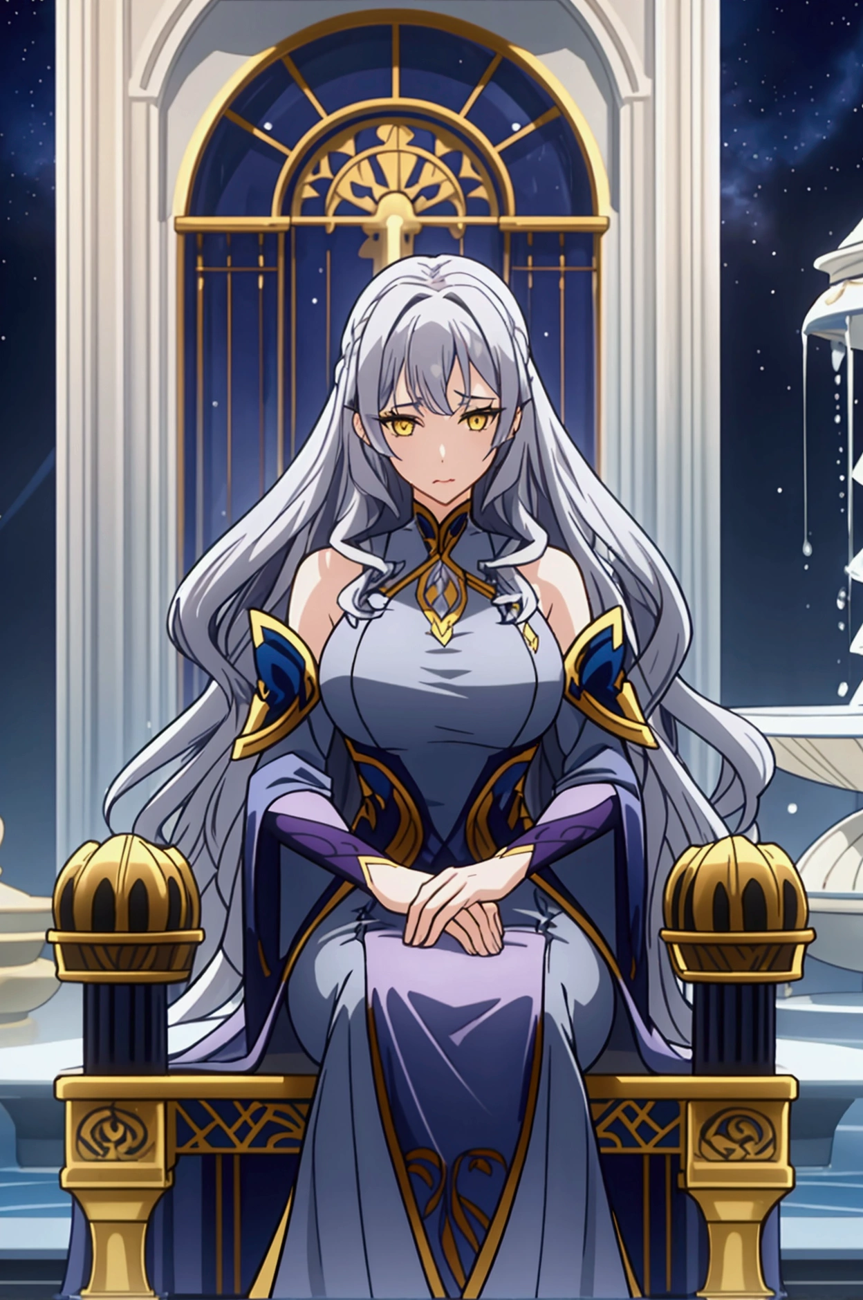 Tall adult woman, light skin, scar on her lip, almond-shaped blue and yellow eyes, long, semi-wavy dark blue hair with gray strands, like gray hair, elegant and fanciful clothing, mostly purple whit gold, sitting on a fountain