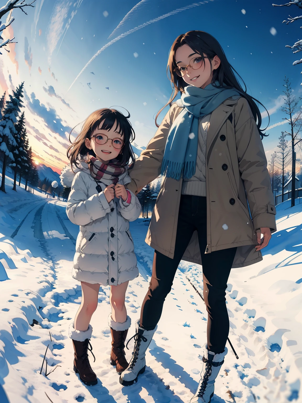 masterpiece， best quality，High image quality，( super flat， flat shading  )， fisheye lens，Beautiful petite trained young mother and very cute trained daughter:1.25， warm scarf，(naked)， long hair, Glasses，    boots, smile, smile, White Breath，fun, play, winter, snow, 新snow，At dusk，Beautiful sunset，Wide angle,    bright color , watercolor,  Ghibli style ，Strong winds， girl&#39;Lure，