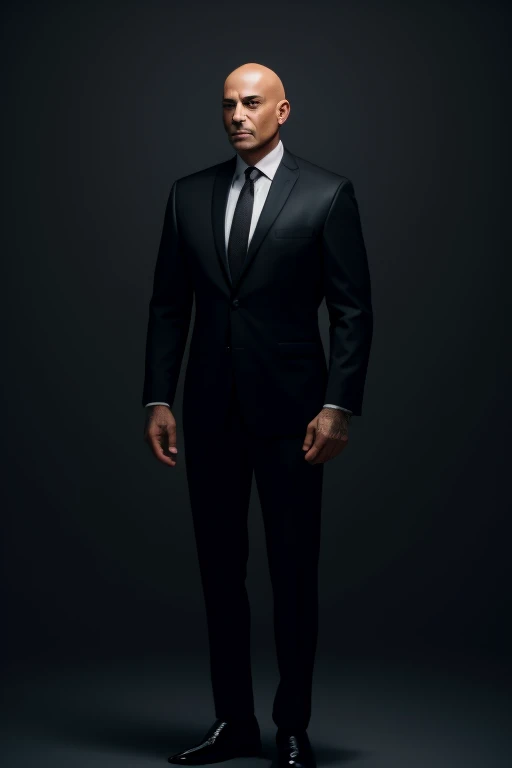 
An executive man, black suit, short hair on the sides, half bald, 50 years old, full body, standing, no background, front view.
