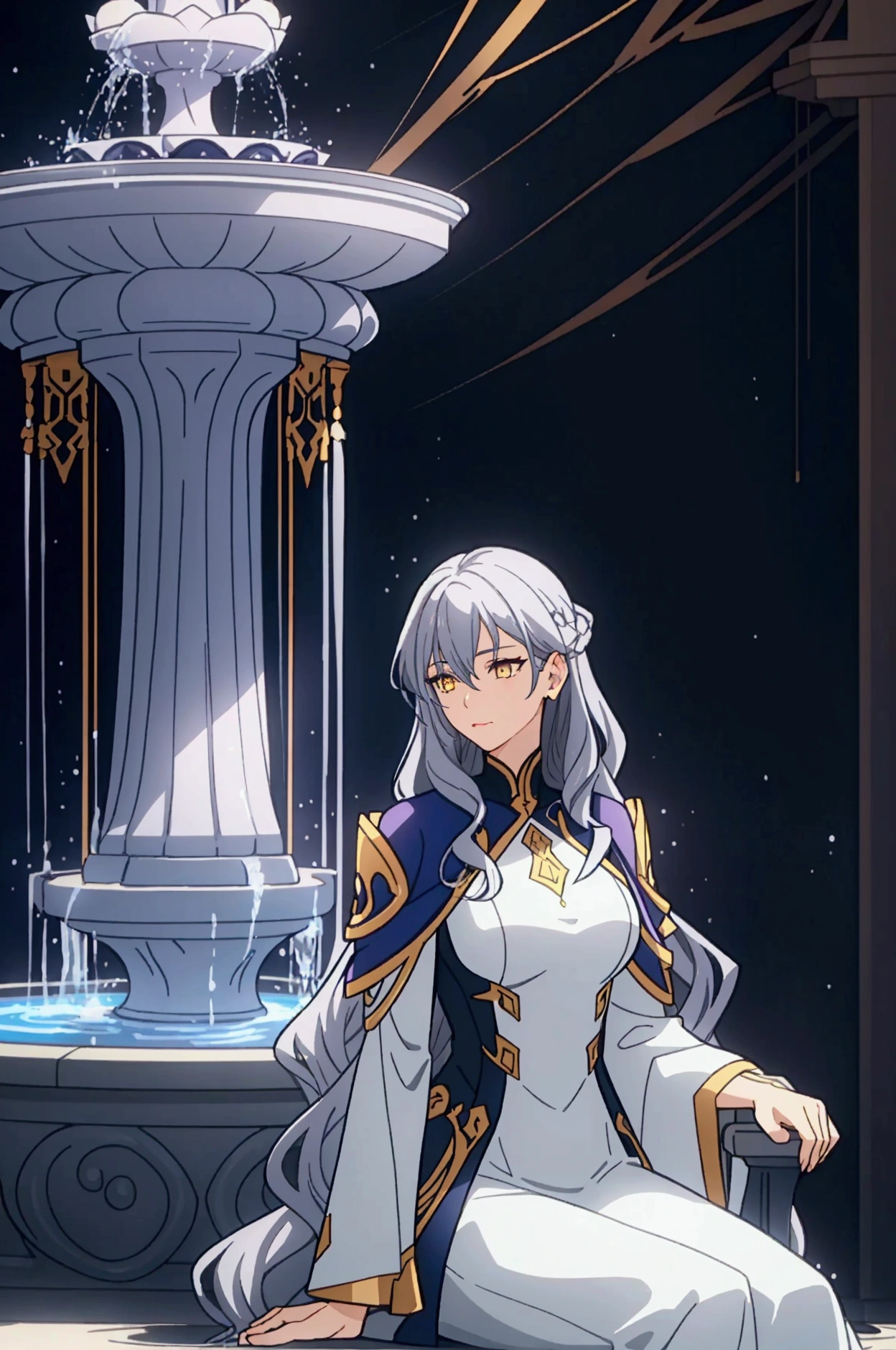 Tall adult woman, light skin, scar on her lip, almond-shaped blue and yellow eyes, long, semi-wavy dark blue hair with gray strands, like gray hair, elegant and fanciful clothing, mostly purple whit gold, sitting on a fountain