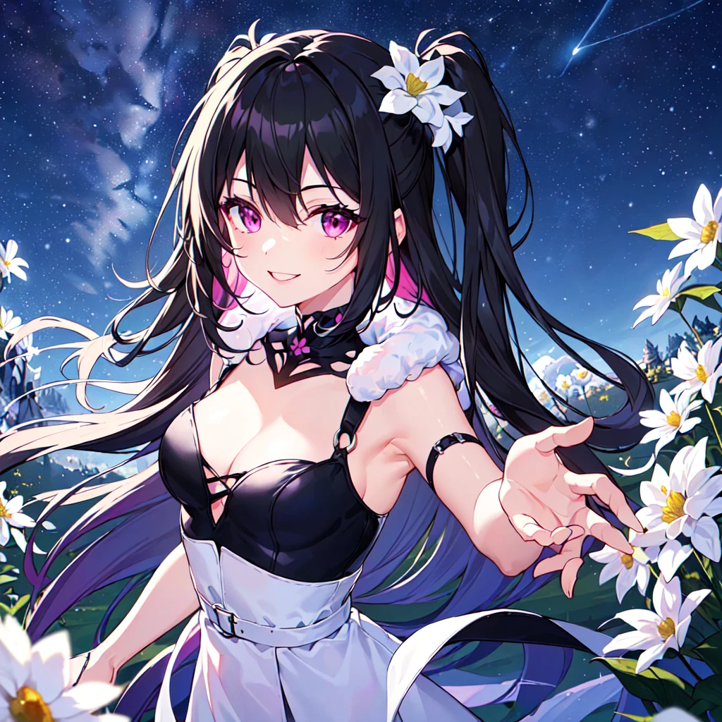 masterpiece, best quality, high quality, extremely detailed, very delicate and beautiful, (1 female 18 years old alone solo:1.5), (long black hair up to waist with two side up:1.5), bangs to eyebrows, eyes (eyes sharp and strong, glossy glossy eyes, eyebrows glossy, (eye color magenta:1.3), 6.5 head height, (pentas flower print fashion:1.3), (smiling), (running:1.3), (dynamic pose), (background pentas flower field:1.3) , (Milky Way Night Sky:1.3)