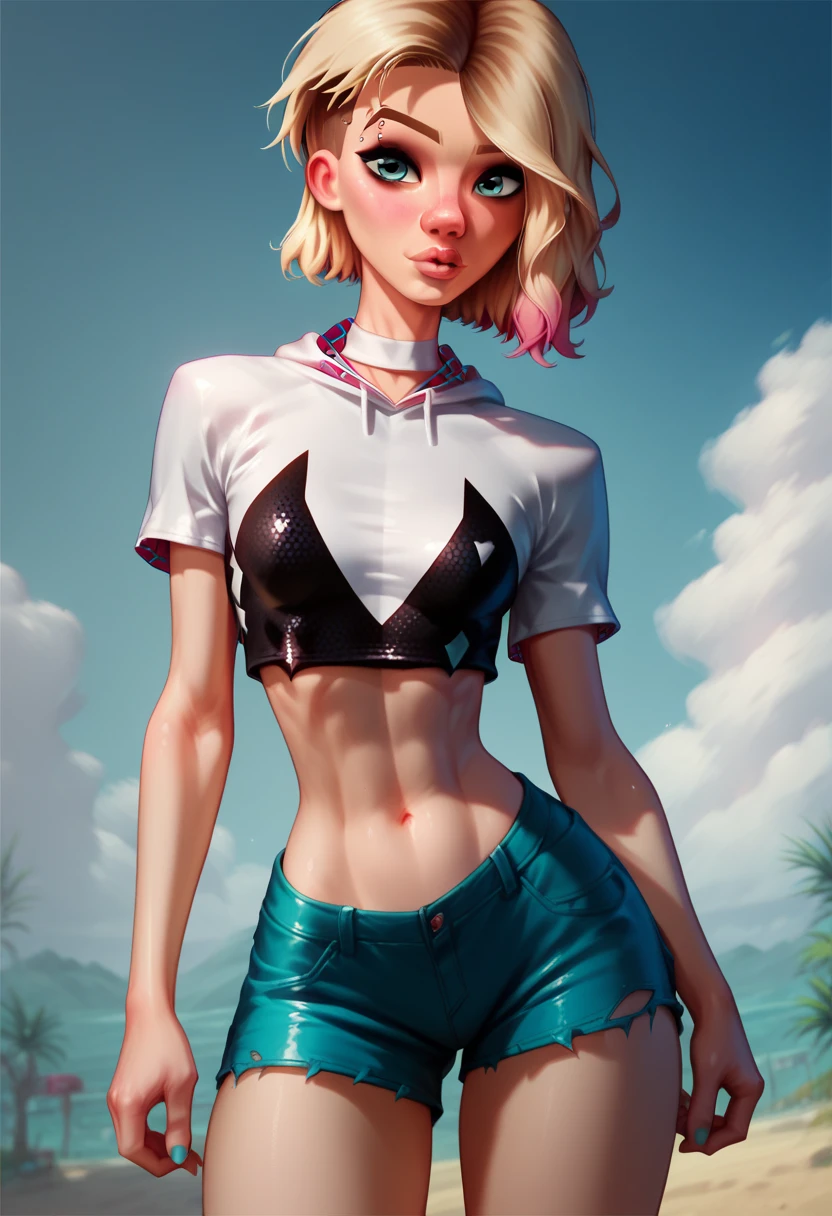 full shot, ((gwen stacy,  crop top, mini shorts negros, Beautiful face, beautiful big eyes))