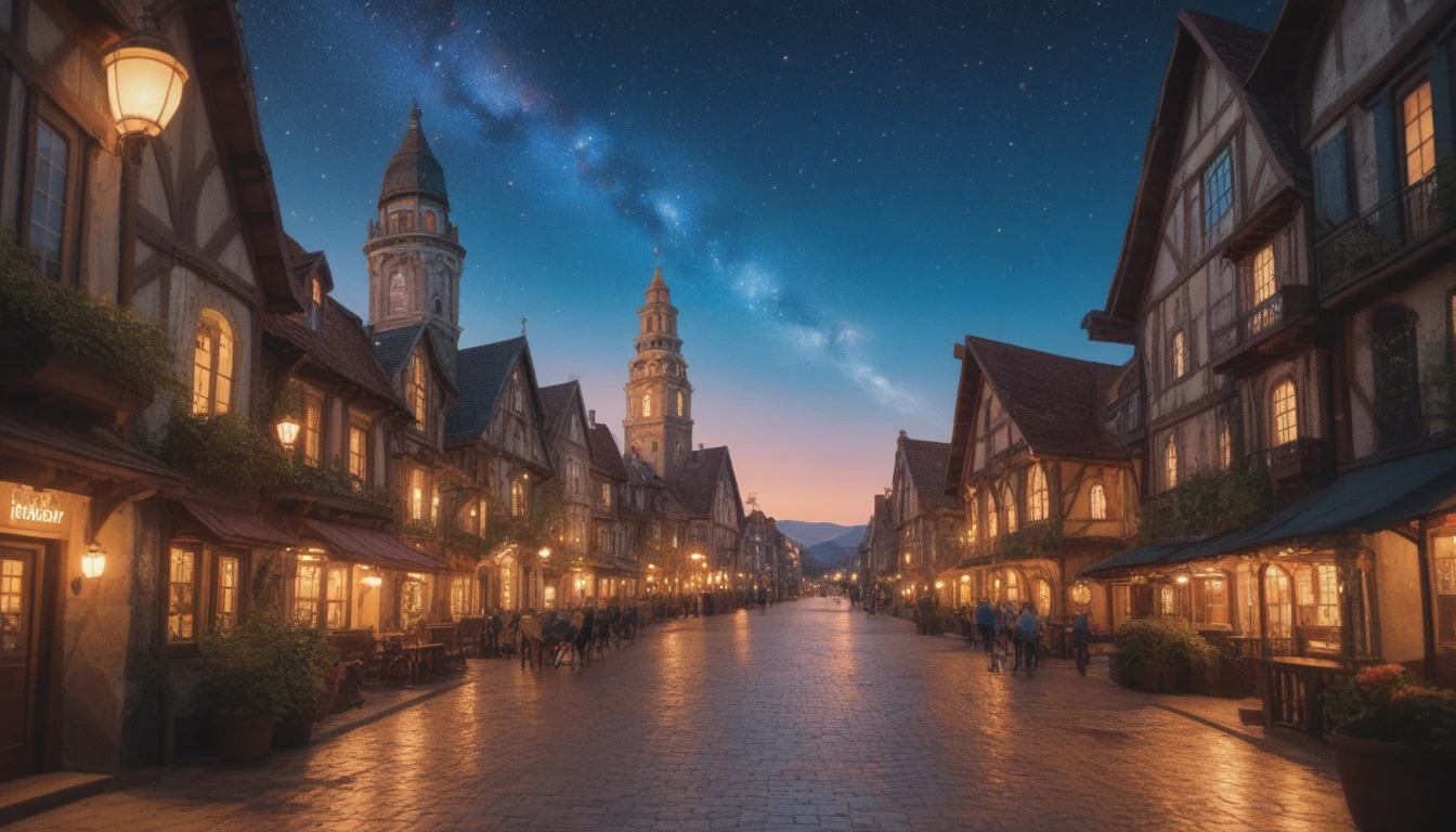 An image of hills where shepherds herd sheep, starry sky, a bright star with its heavenly light, city of Bethlehem of Judea in the background, view from the horizon