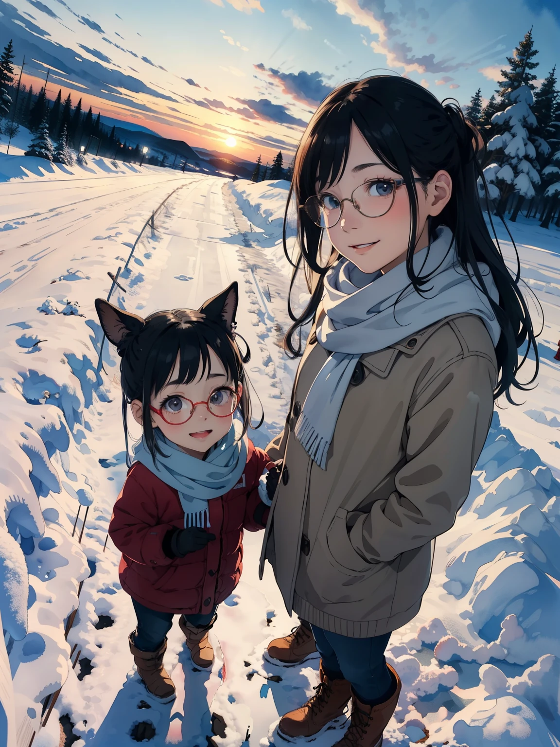 masterpiece， best quality，High image quality，( super flat， flat shading  )， fisheye lens，Beautiful petite trained young mother and very cute trained daughter:1.25， warm scarf，(naked)， long hair, Glasses，  boots, smile, smile, White Breath，fun, play, winter, snow, 新snow，At dusk，Beautiful sunset，Wide angle,  bright color , watercolor,  Ghibli style ，Strong winds， girl&#39;Lure，