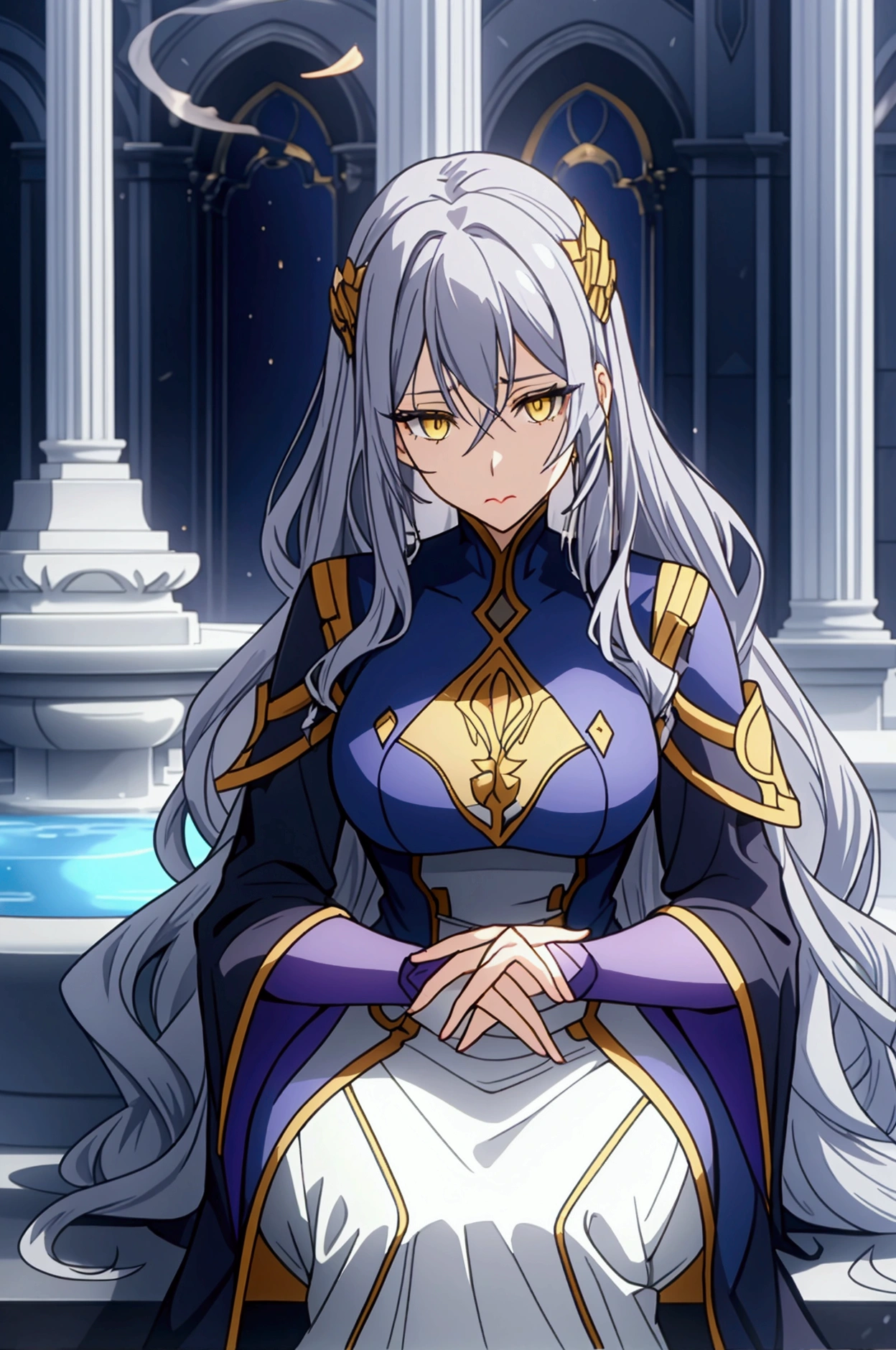 Tall adult woman, light skin, scar on her lip, almond-shaped blue and yellow eyes, long, semi-wavy dark blue hair with gray strands, like gray hair, elegant and fanciful clothing, mostly purple whit gold, sitting on a fountain