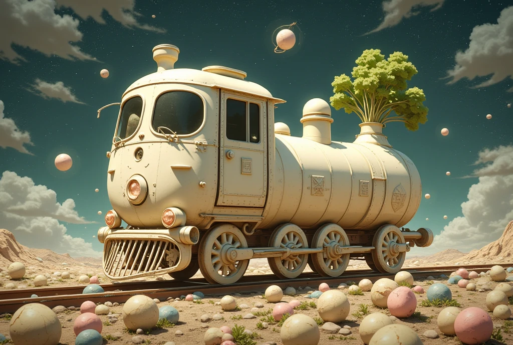  outer space :1.5, rail of light, 白い大根をモチーフにした列車が outer space を走る, Background with lots of daikon floating ,  Various root vegetables are shown as background , ((UHD, textured skin, high details, best quality,  highres icon))