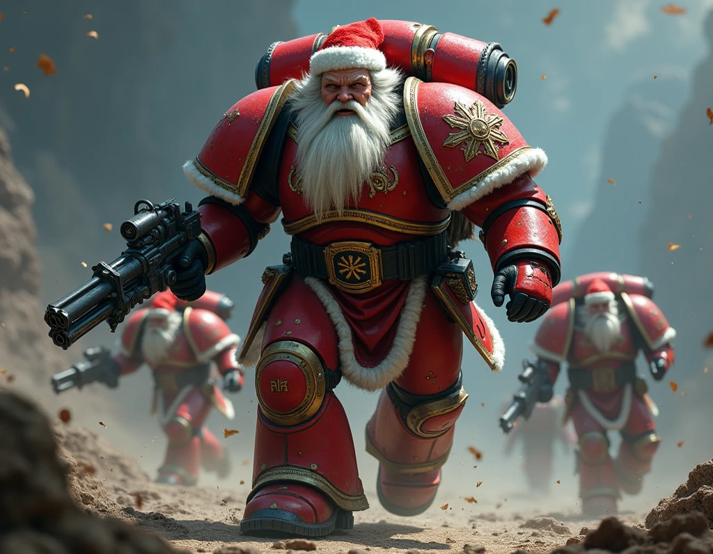 Santa claus is a space marine from warhammer 40K, His name is Santa claus. he has blonde skin. His hair is white and long and long. he has a long white beard. he has a big belly, Full body pose wide angle ultra realistic photo, (((shooting at the enemy))), red space marine armor with white borders with intricate details, plate space marine shoulders, warhammer 40k, pale skin, detailed futuristic big laser rifles, at night, dramatic lighting, cinematic composition, muted color palette, gritty and realistic, mecha, science fiction, hyper-detailed, photorealistic, award winning digital art, 8k, HDR, masters work, running forward, charging, jetpacks, space marines, (((wide angle))), Full lenght, shooting at the enemy!