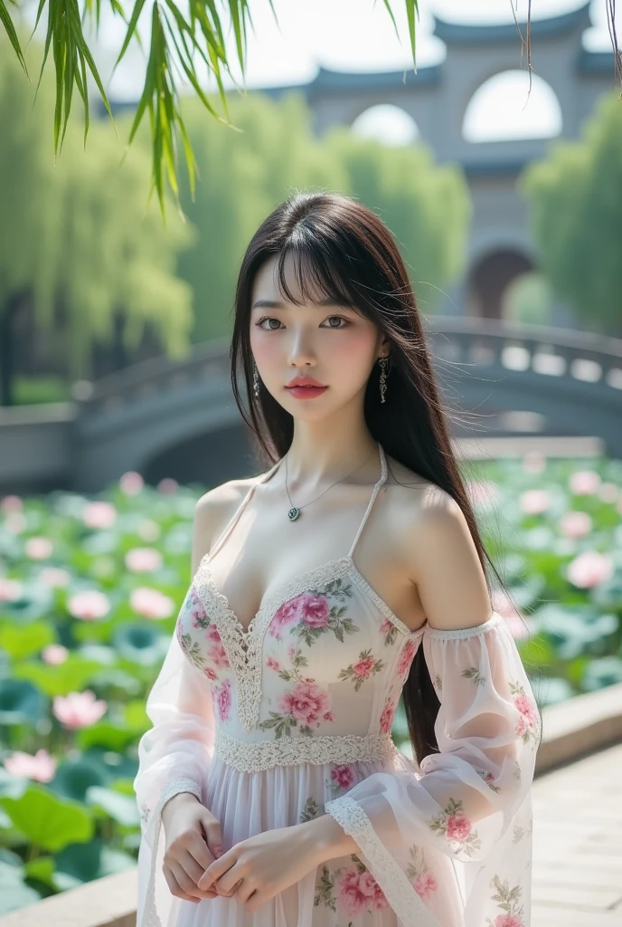 (cute girl,blush,bangs,beautiful detailed eyes,perfect face,young,Chinese aesthetics),(best quality,4k,8k,highres,masterpiece:1.2),ultra-detailed,(realistic,photorealistic,photo-realistic:1.37),traditional Chinese clothing,delicate features,soft expression,gentle smile,flowing black hair,peach blossom cheeks,serene background,ancient Chinese garden,lotus pond,stone bridge,willow trees,soft natural lighting,pastel colors,watercolor illustration,dreamy atmosphere,ethereal,graceful,harmonious composition,cultural heritage,traditional beauty,peaceful scene,romantic ambiance,soft focus,gentle shadows,subtle highlights,floral patterns,embroidered silk,oriental elegance