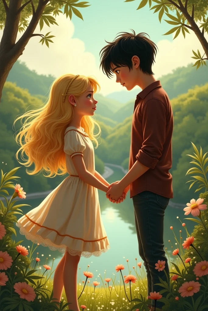 Styl obrazkowy. , white complexion, ciemne włosy. He stands and holds out his hands to the girl., who stands next to him. The girl has a white complexion, blond włosy, red dress. A boy pushes a girl, the girl falls to the ground. 