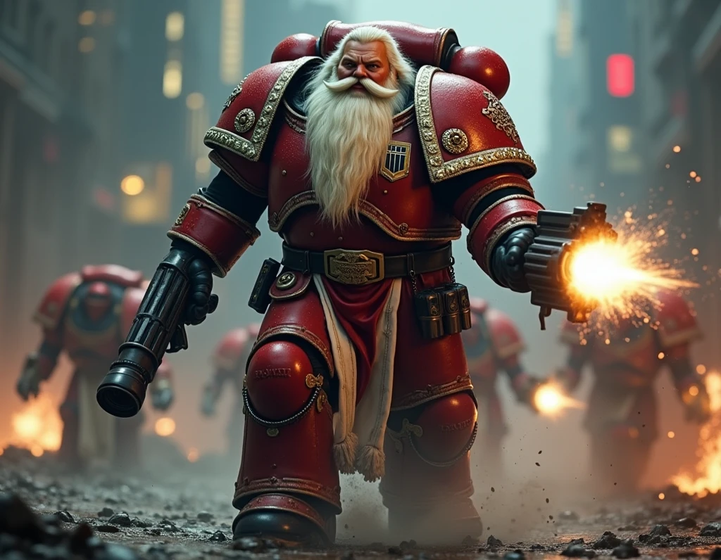 Santa claus is a space marine from warhammer 40K, His name is Santa claus. he has blonde skin. His hair is white and long and long. he has a long white beard. he has a big belly, Full body pose wide angle ultra realistic photo, (((shooting at the enemy))), red space marine armor with white borders with intricate details, plate space marine shoulders, warhammer 40k, pale skin, detailed futuristic big laser rifles, at night, dramatic lighting, cinematic composition, muted color palette, gritty and realistic, mecha, science fiction, hyper-detailed, photorealistic, award winning digital art, 8k, HDR, masters work, running forward, charging, jetpacks, space marines, (((wide angle))), Full lenght, shooting at the enemy!