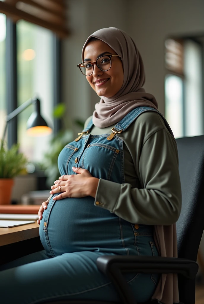 Malay milf in hijab, wearing a glasses, overweight, chubby, ssbbw, getting fat, obesse, belly getting bigger, potrait, smile, wearing a cardigan, at office, office desk, office chair, do a job, she become pregnant, third trimester, 39 weeks of pregnancy, huge pregnant belly