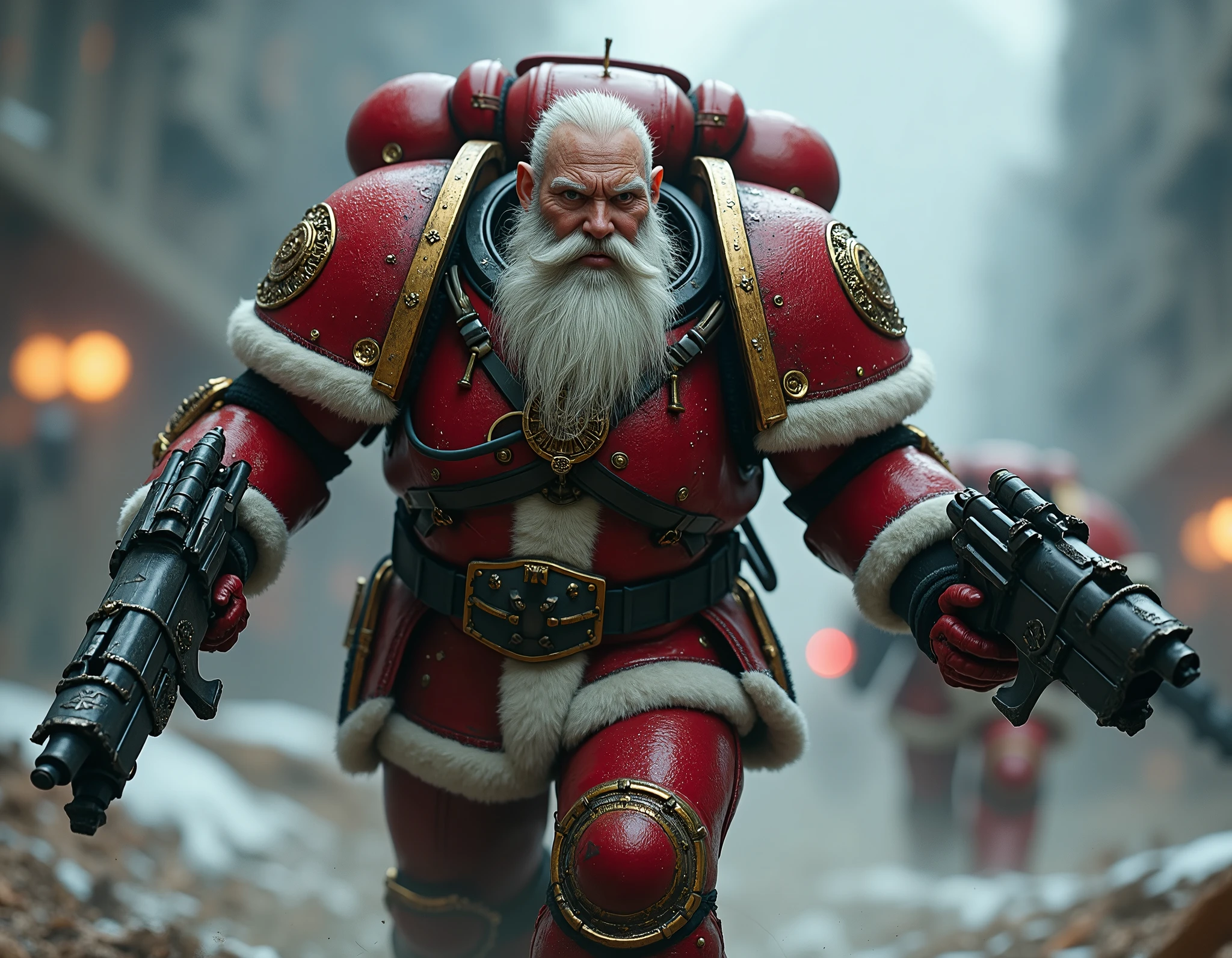 Santa claus is a space marine from warhammer 40K, His name is Santa claus. he has blonde skin. His hair is white and long and long. he has a long white beard. he has a big belly, Full body pose wide angle ultra realistic photo, (((shooting at the enemy))), red space marine armor with white borders with intricate details, plate space marine shoulders, warhammer 40k, pale skin, detailed futuristic big laser rifles, at night, dramatic lighting, cinematic composition, muted color palette, gritty and realistic, mecha, science fiction, hyper-detailed, photorealistic, award winning digital art, 8k, HDR, masters work, running forward, charging, jetpacks, space marines, (((wide angle))), Full lenght, shooting at the enemy!