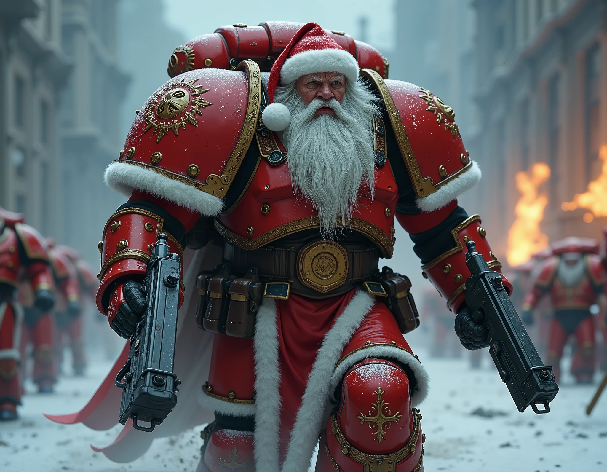 Santa claus is a space marine from warhammer 40K, His name is Santa claus. he has blonde skin. His hair is white and long and long. he has a long white beard. he has a big belly, Full body pose wide angle ultra realistic photo, (((shooting at the enemy))), red space marine armor with white borders with intricate details, plate space marine shoulders, warhammer 40k, pale skin, detailed futuristic big laser rifles, at night, dramatic lighting, cinematic composition, muted color palette, gritty and realistic, mecha, science fiction, hyper-detailed, photorealistic, award winning digital art, 8k, HDR, masters work, running forward, charging, jetpacks, space marines, (((wide angle))), Full lenght, shooting at the enemy!