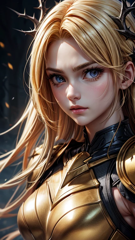 ((semi-armor of thorns)), golden platelets, bright golden hair, ((detailed face)), strong arms, half naked, big eyes.