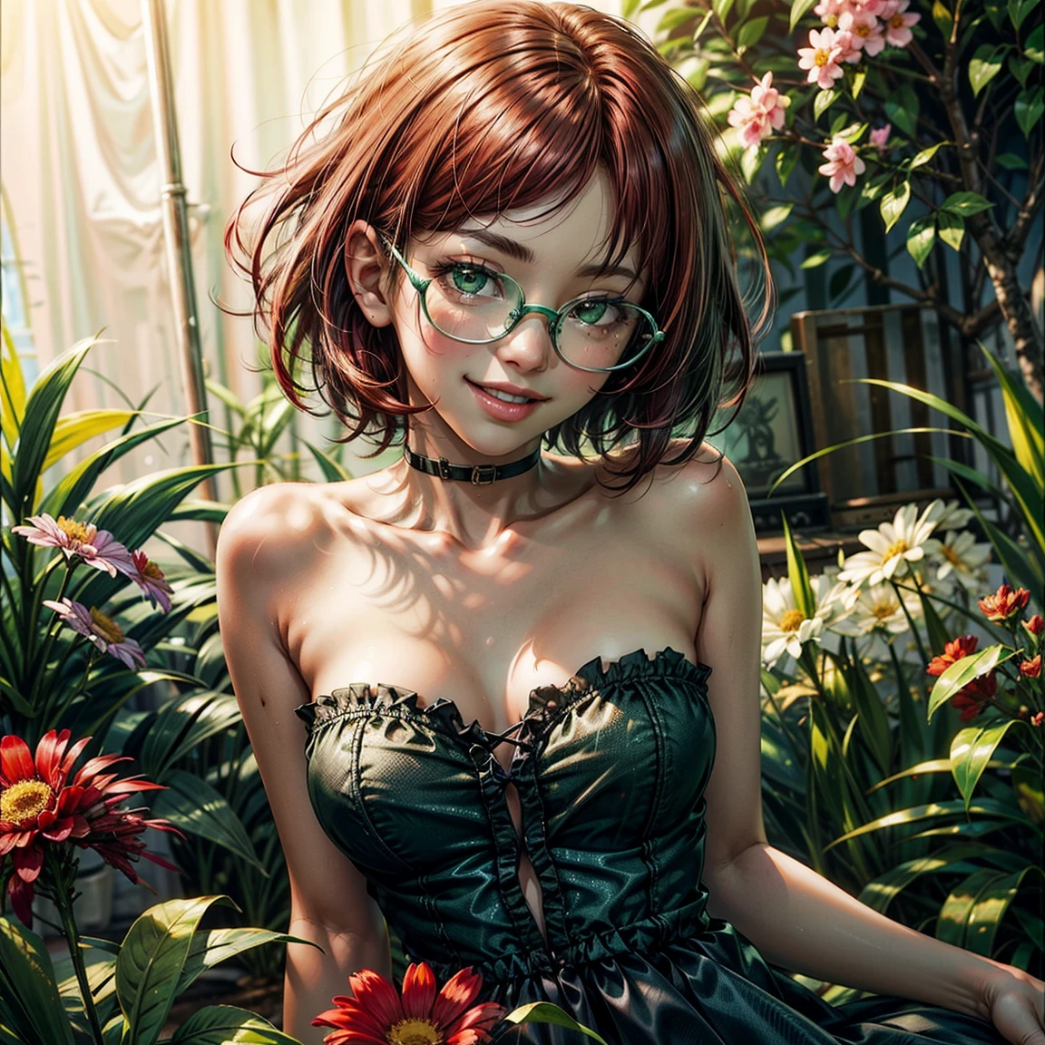 orange hair, beautiful eyes, young girl, round glasses, 1girl, freckles, medium hair, high twintails, dynamic pose, country dress, bare shoulders, hair ribbon, earrings,  outdoors, garden, sunlight, day, bush, hand between legs, from above, round breast and squishy, thighhighs, grass, flower, rose, cleavage, blush,