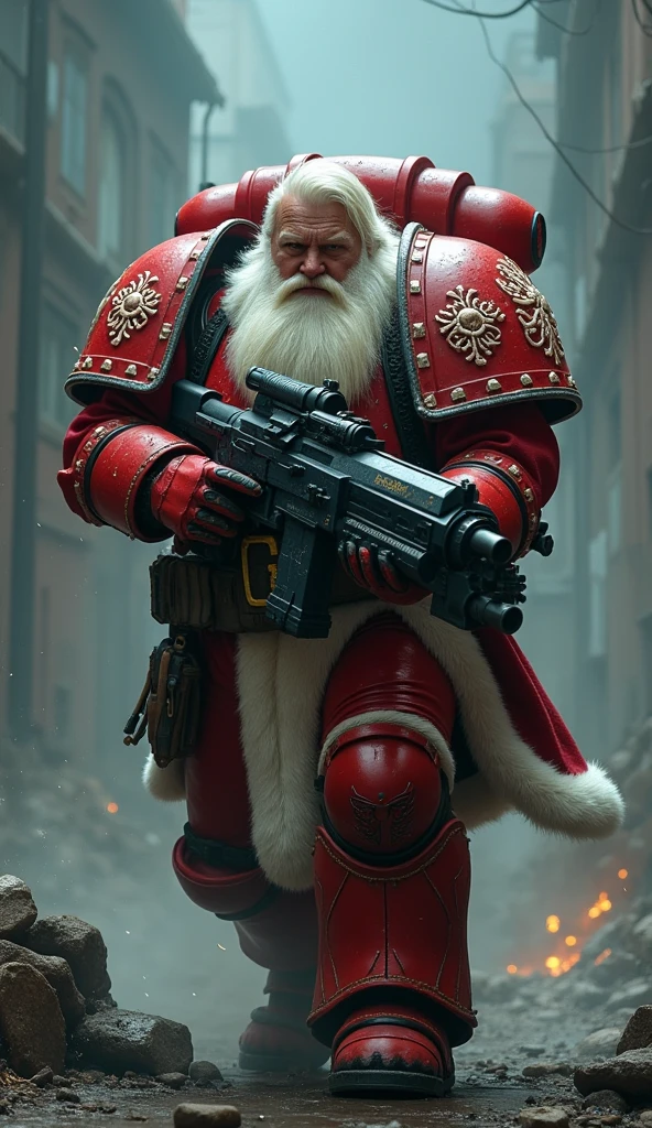 Santa claus is a space marine from warhammer 40K, His name is Santa claus. he has blonde skin. His hair is white and long and long. he has a long white beard. he has a big belly, Full body pose wide angle ultra realistic photo, (((shooting at the enemy))), red space marine armor with white borders with intricate details, plate space marine shoulders, warhammer 40k, pale skin, detailed futuristic big laser rifles, at night, dramatic lighting, cinematic composition, muted color palette, gritty and realistic, mecha, science fiction, hyper-detailed, photorealistic, award winning digital art, 8k, HDR, masters work, running forward, charging, jetpacks, space marines, (((wide angle))), Full lenght, shooting at the enemy!