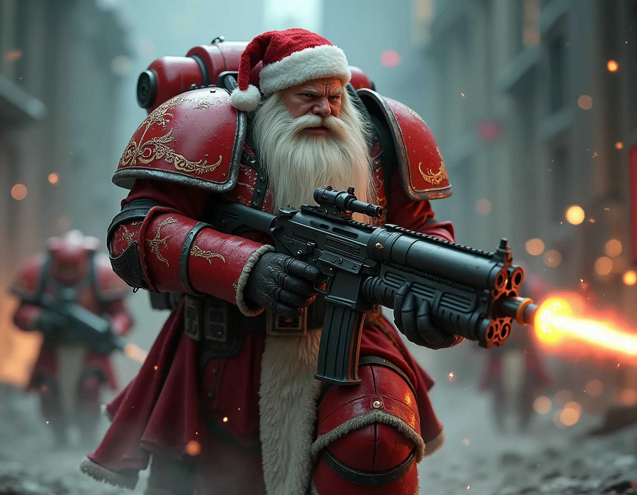 Santa claus is a space marine from warhammer 40K, His name is Santa claus. he has blonde skin. His hair is white and long and long. he has a long white beard. he has a big belly, Full body pose wide angle ultra realistic photo, (((shooting at the enemy))), red space marine armor with white borders with intricate details, plate space marine shoulders, warhammer 40k, pale skin, detailed futuristic big laser rifles, at night, dramatic lighting, cinematic composition, muted color palette, gritty and realistic, mecha, science fiction, hyper-detailed, photorealistic, award winning digital art, 8k, HDR, masters work, running forward, charging, jetpacks, space marines, (((wide angle))), Full lenght, shooting at the enemy!