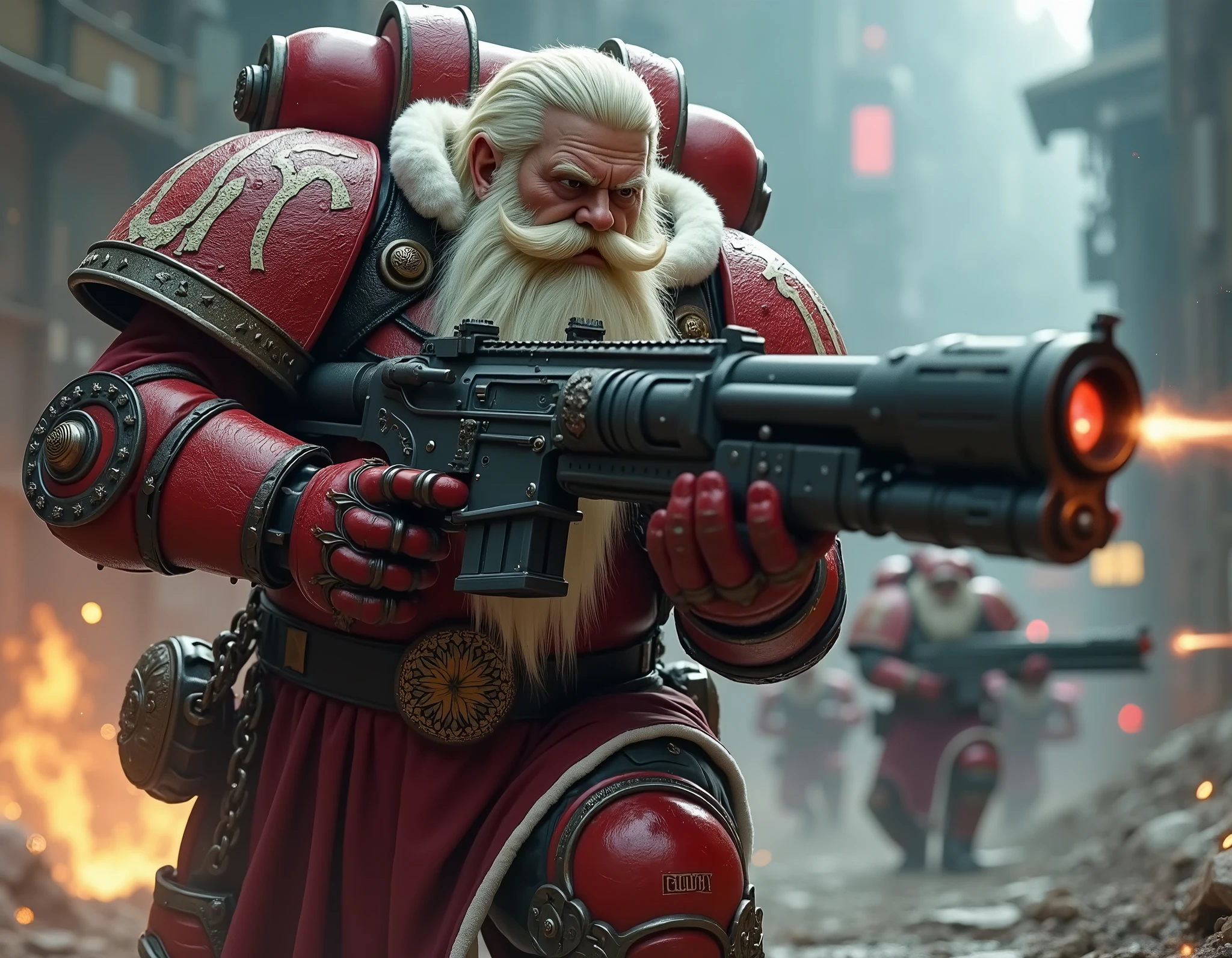 Santa claus is a space marine from warhammer 40K, His name is Santa claus. he has blonde skin. His hair is white and long and long. he has a long white beard. he has a big belly, Full body pose wide angle ultra realistic photo, (((shooting at the enemy))), red space marine armor with white borders with intricate details, plate space marine shoulders, warhammer 40k, pale skin, detailed futuristic big laser rifles, at night, dramatic lighting, cinematic composition, muted color palette, gritty and realistic, mecha, science fiction, hyper-detailed, photorealistic, award winning digital art, 8k, HDR, masters work, running forward, charging, jetpacks, space marines, (((wide angle))), Full lenght, shooting at the enemy!