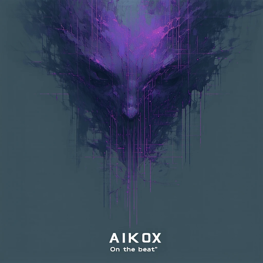 I want to make a cover of a music album of 4 songs. The name of the artist must be painted, which is called "AIKOX". The song is called "On the beat", the name is also to be painted. The graphic part of the album has to be inspired by metal music with electronica.
