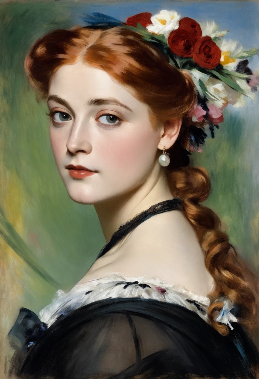 young Hera Hilmar in a black dress with a bouquet of flowers, Portrait of an actress, red hair, inspired by Franz Xaver Winterhalter , Portrait of ****ta, Auguste Renoir , Degas, portrait of a young empress , young woman , , portrait of young woman