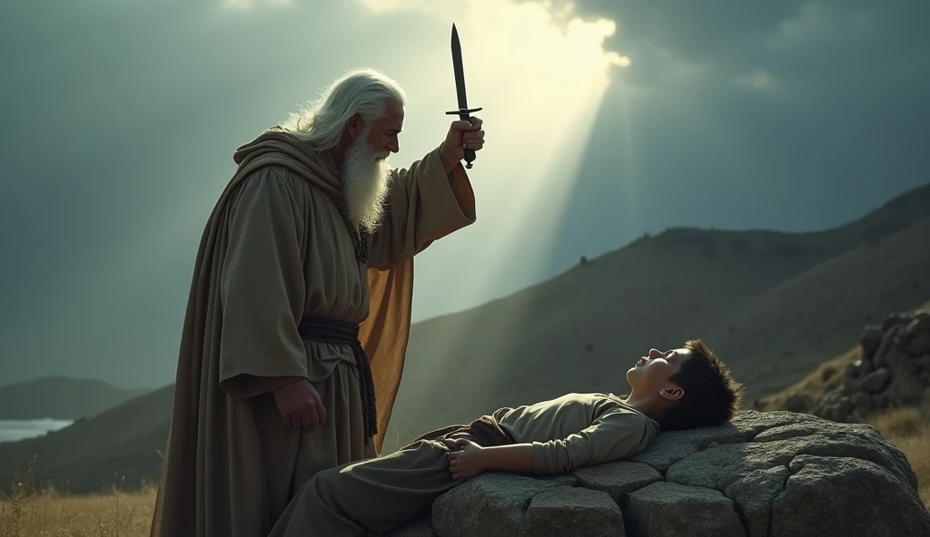 "Create a highly detailed digital artwork depicting the biblical scene of Abraham about to sacrifice his son Isaac. The setting is dramatic and filled with tension. Abraham, an elderly man with a serious expression, holds a knife raised above Isaac, who is lying on a stone altar with his hands bound. The environment is barren, with a dark sky that adds to the intense atmosphere. In the background, a subtle silhouette of a ram is visible, standing near a bush, symbolizing the divine intervention. The image should focus on the intricate details of the characters' clothing, the textures of the stone, and the emotional expressions, all rendered in a realistic, high-definition digital art style."