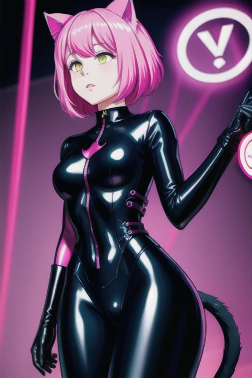 (Dark Persona), professional detailed (full length) photo of (latex cat burgler) being (brainwashed by Mind control device), (pink skintight latex body suit :1), (expressionless), (Brainwashing), (Mind Control), (Mind control device), pink hair,short hair,cat girl,cat ears,tail,