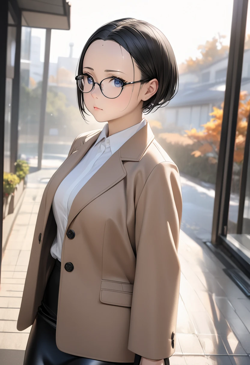 teacher with medium black hair wearing round glasses and white coat waving