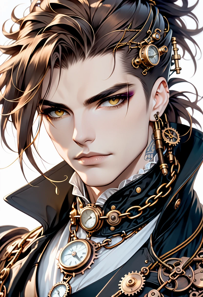 A close-up of a man with a chain around his neck,  portrait of a mechanic , Like a mechanic ,  a beautiful steampunk god ,  steampunk beautiful anime man , steampunk male portrait, steampunk aesthetic, steampunk fantasy style, beautiful androgynous prince, rococo cyberpunk, steampunk warrior,  attractive androgynous human , Ornate cyberpunk armor, steampunk cyberpunk, vampire, pale skin