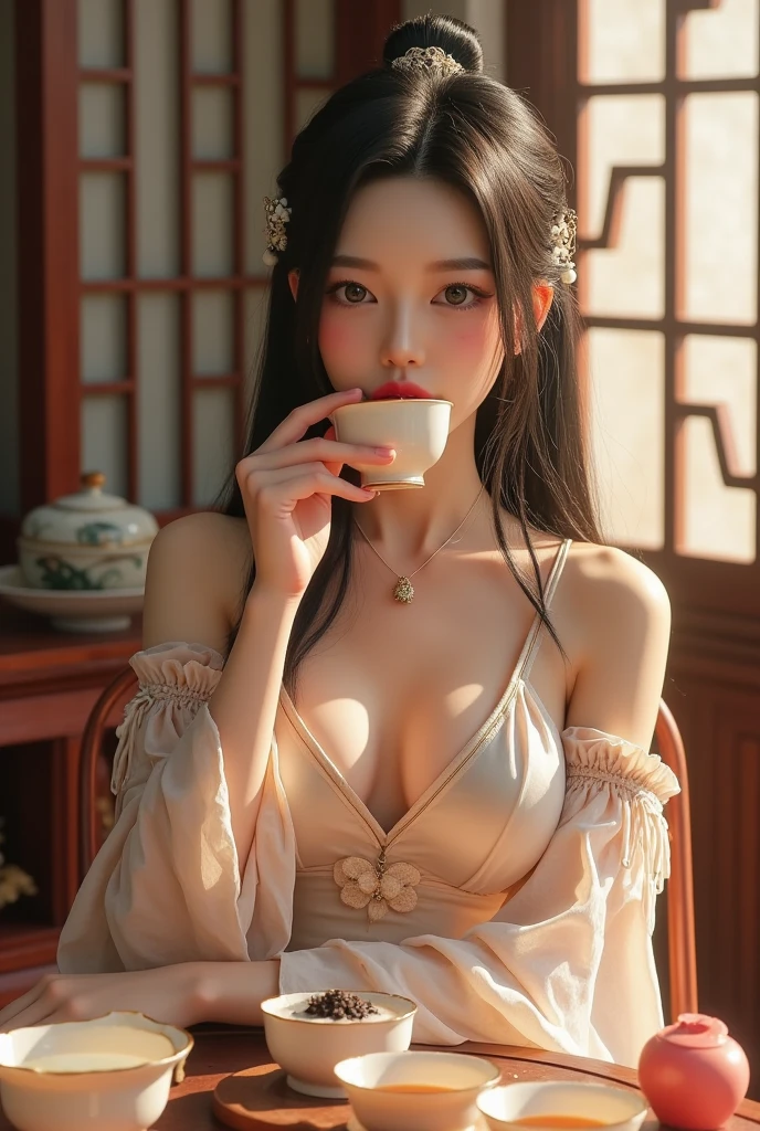 (a girl in a teahouse, wearing embroidered shoes, sipping tea, surrounded by delicate teaware and antique wooden carved window lattice, close up:1.2),best quality,4k,8k,highres,masterpiece:1.2,ultra-detailed,realistic:1.37,beautiful detailed eyes,beautiful detailed lips,extremely detailed face,long eyelashes,traditional Chinese dress,elegant posture,serene expression,wooden furniture,ornate decorations,soft natural lighting,cozy atmosphere,rich colors,illustration,highly detailed illustration,sharp focus,physically-based rendering,vivid colors,bokeh,detailed background,refined details,delicate textures,harmonious composition,cultural elements,ancient aesthetics,calm ambiance,subtle shadows,gentle highlights,smooth gradients,meticulous craftsmanship,exquisite design,authentic setting,historical accuracy,artistic flair,precise detailing,graceful movement,classic elegance,serenity,tranquility,peaceful scene,atmospheric mood,visual storytelling,captivating imagery,engaging visual,esthetic appeal,mesmerizing view