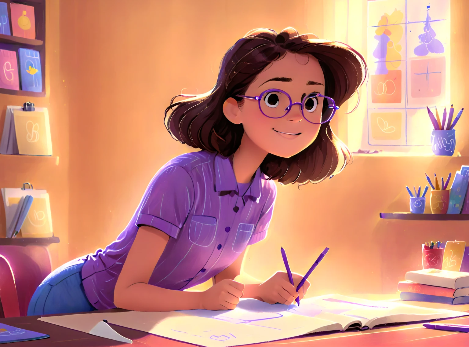 Clara, a small girl with brown wavy hair, using glasses, drawing with crayons, happy expression, wearing purple shirt. Detailed face, intricate details, colorful crayons, cozy indoor setting, beautiful lighting, soft pastel colors, warm tones, cinematic composition, award winning illustration, highly detailed, photorealistic, 8k, masterpiece, professional, award winning, cinematic lighting, soft focus, beautiful composition, consistent character. The illustration should be simple and clean. The style of the illustration resembles a classic ren's book, combining a Disney cartoon and watercolor illustration but with thick lines outlining the image.