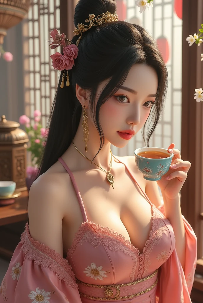 (a girl in a teahouse, wearing embroidered shoes, sipping tea, surrounded by delicate teaware and antique wooden carved window lattice, close up:1.2),best quality,4k,8k,highres,masterpiece:1.2,ultra-detailed,realistic:1.37,beautiful detailed eyes,beautiful detailed lips,extremely detailed face,long eyelashes,traditional Chinese dress,elegant posture,serene expression,wooden furniture,ornate decorations,soft natural lighting,cozy atmosphere,rich colors,illustration,highly detailed illustration,sharp focus,physically-based rendering,vivid colors,bokeh,detailed background,refined details,delicate textures,harmonious composition,cultural elements,ancient aesthetics,calm ambiance,subtle shadows,gentle highlights,smooth gradients,meticulous craftsmanship,exquisite design,authentic setting,historical accuracy,artistic flair,precise detailing,graceful movement,classic elegance,serenity,tranquility,peaceful scene,atmospheric mood,visual storytelling,captivating imagery,engaging visual,esthetic appeal,mesmerizing view