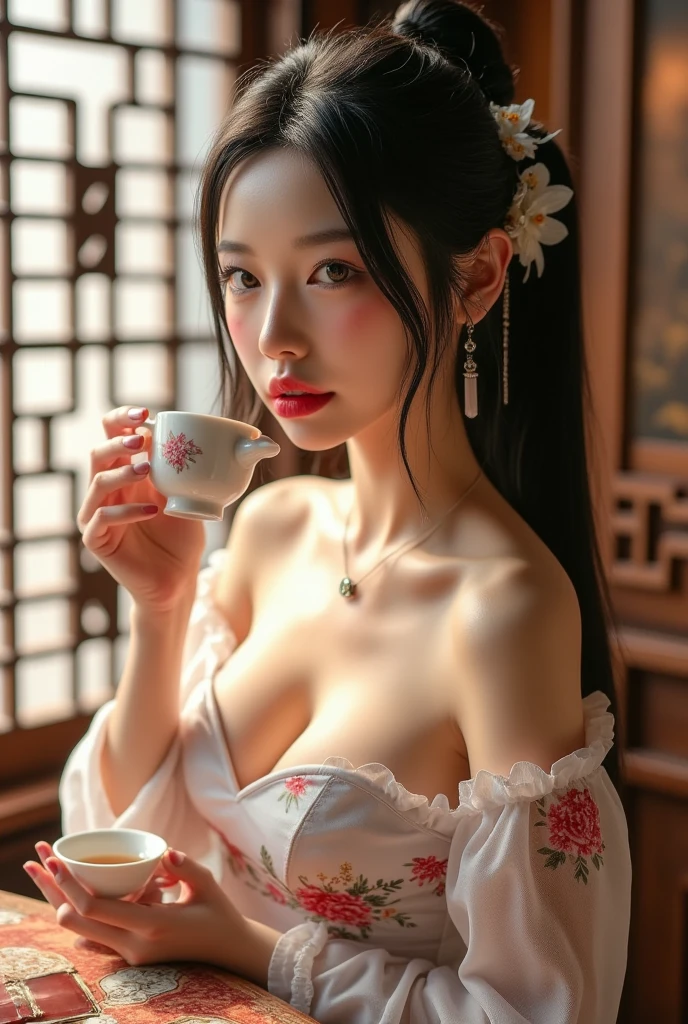 (a girl in a teahouse, wearing embroidered shoes, sipping tea, surrounded by delicate teaware and antique wooden carved window lattice, close up:1.2),best quality,4k,8k,highres,masterpiece:1.2,ultra-detailed,realistic:1.37,beautiful detailed eyes,beautiful detailed lips,extremely detailed face,long eyelashes,traditional Chinese dress,elegant posture,serene expression,wooden furniture,ornate decorations,soft natural lighting,cozy atmosphere,rich colors,illustration,highly detailed illustration,sharp focus,physically-based rendering,vivid colors,bokeh,detailed background,refined details,delicate textures,harmonious composition,cultural elements,ancient aesthetics,calm ambiance,subtle shadows,gentle highlights,smooth gradients,meticulous craftsmanship,exquisite design,authentic setting,historical accuracy,artistic flair,precise detailing,graceful movement,classic elegance,serenity,tranquility,peaceful scene,atmospheric mood,visual storytelling,captivating imagery,engaging visual,esthetic appeal,mesmerizing view