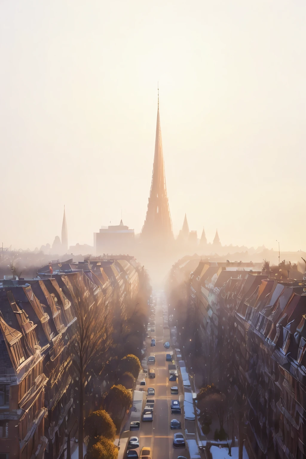 (best quality,4k,8k,highres,masterpiece:1.2),ultra-detailed,(realistic,photorealistic,photo-realistic:1.37),the last sunset before leaving,winter sky at sunset,soft colors,pink orange,blue,mist,rows of trees and buildings,peaceful atmosphere,serene winter landscape,subtle hues,receding sunlight,golden hour,quiet streets,gentle breeze,kiss of warmth,city silhouette,icy branches,elegant architecture,wistful mood,majestic skyline,little snowflakes dancing,final goodbye.