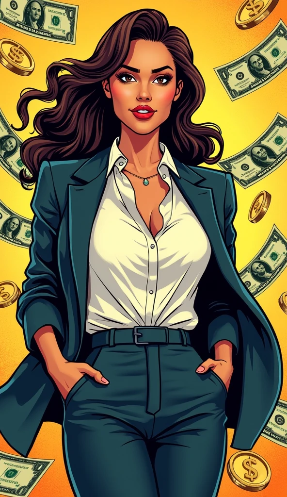 "A stylish adult woman, American, dressed in a professional and elegant outfit suitable for a business environment. She is surrounded by symbols of wealth and success, such as dollar bills or gold coins, presented in a comic book style with vibrant colors. The woman has a confident and discreet smile, with an overall empowering and classy appearance. The background incorporates abstract elements related to finance and prosperity."