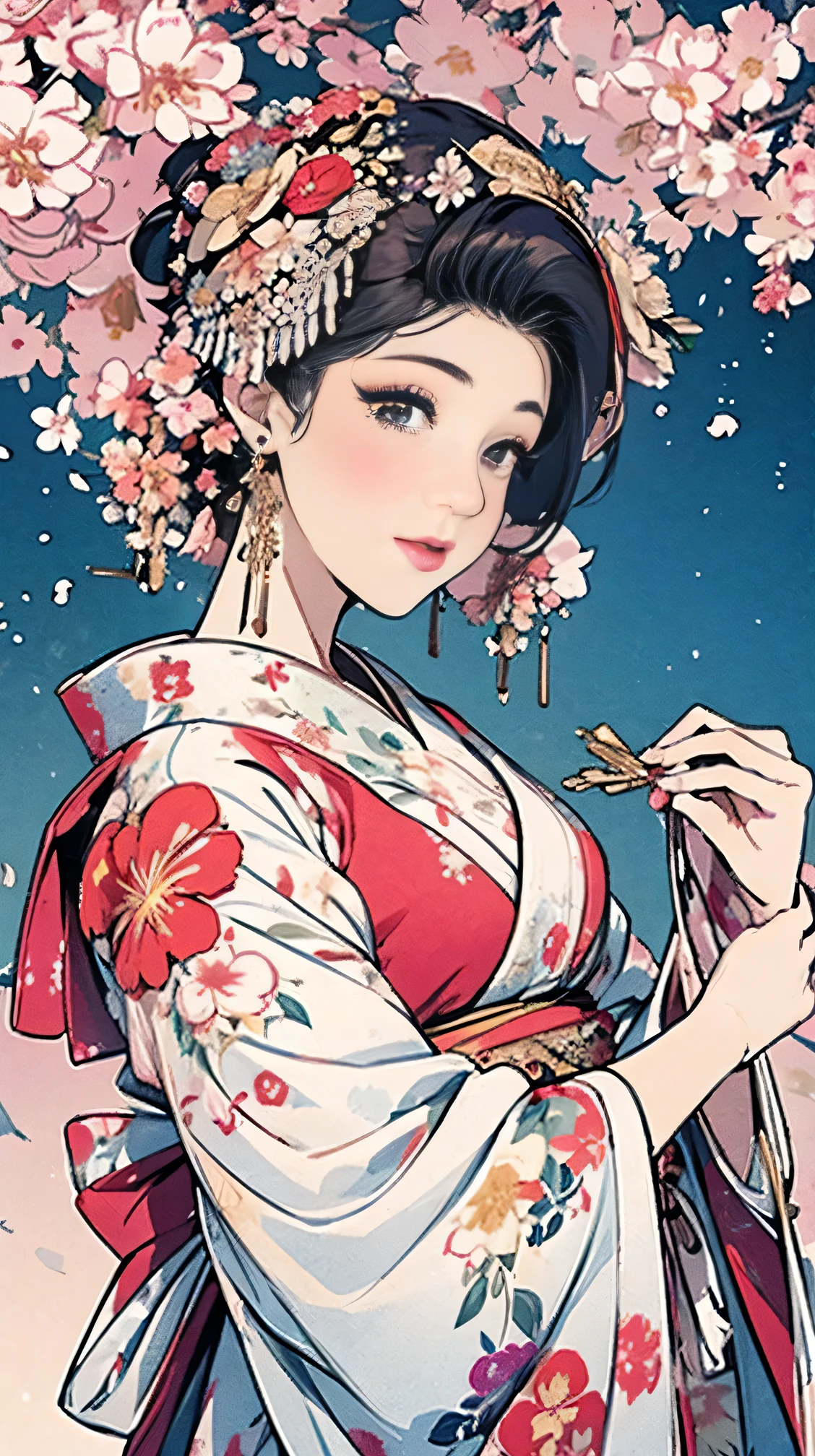 (masterpiece、 best quality、 best quality、 Official Art、beautiful beautiful:1.2)、 Very detailed、( Fractal Art:1.1)、( colorful :1.1)(Floral:1.6)、 most detailed、Yukata、日本のYukata、、Cherry blossom tree background、Lots of petals、(shiny skin)、(Many colors:0.8)、、( earrings for a woman alone:1.4)、(Feather:0.9)、Taisho Romance,Delicate and elaborate gold hair ornament