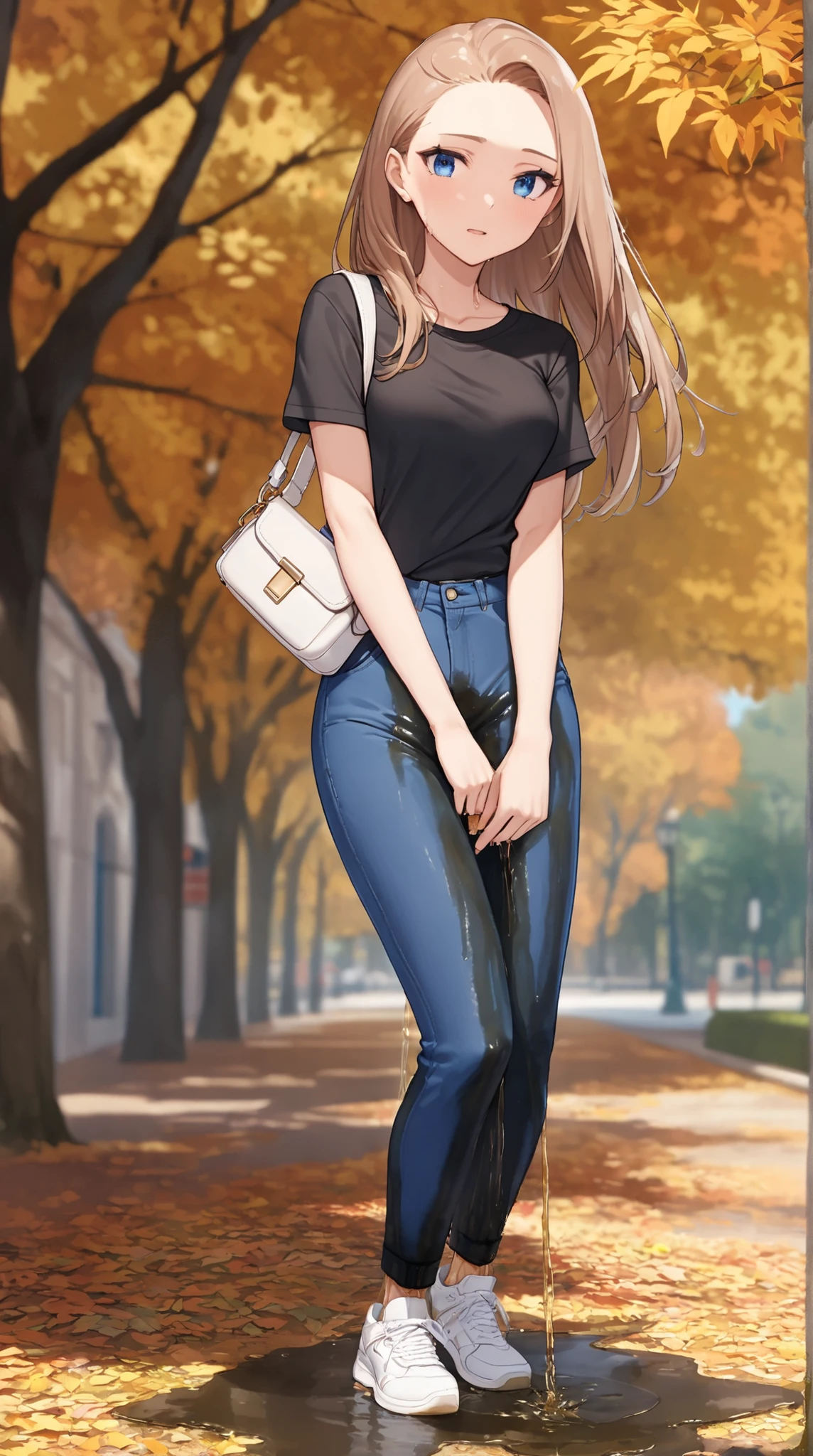 Anime girl in black shirt and jeans standing in front of a tree - SeaArt AI