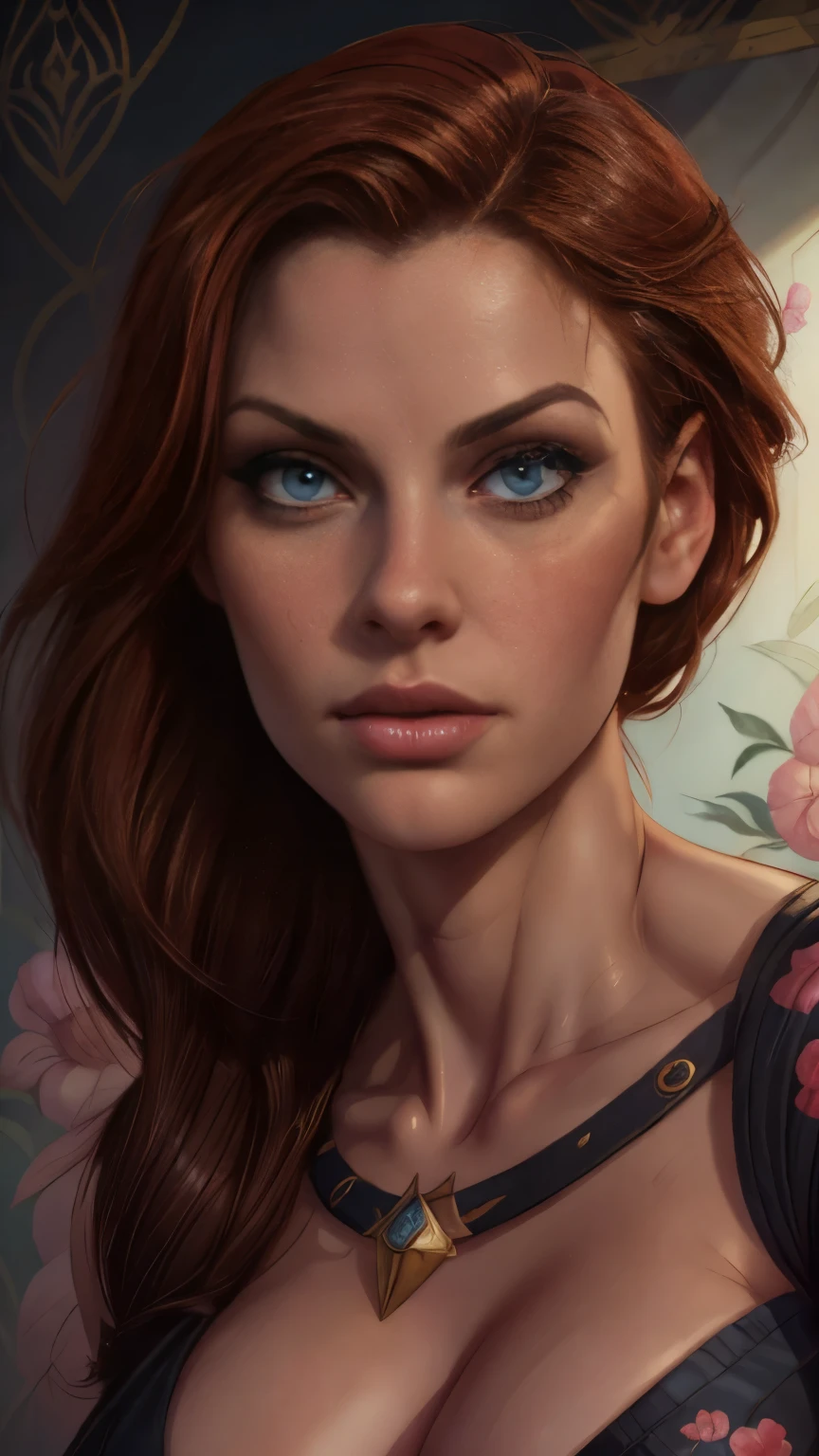 (masterpiece, highres, high resolution:1.2), realistic, portrait, A redheaded slutty woman looking at the camera, beautiful portrait photo, portrait, upper body close-up, sexy, super huge breasts, cleavage, Charlie Bowater character art, epic illustration, new art core and Charlie Bowater, high quality portrait, fantasy concept art portrait, detailed matte fantasy portrait, Charlie Bowater art style, detailed beautiful portrait, fantasy art portrait, dark, chiaroscuro, low key, oil and watercolor, best proportion, perfect anatomy, colorful floral print wallpaper backdrop