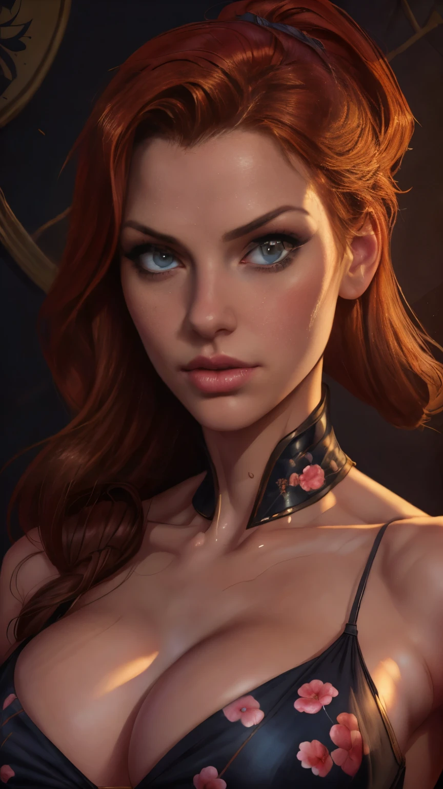 (masterpiece, highres, high resolution:1.2), realistic, portrait, A redheaded slutty woman looking at the camera, beautiful portrait photo, portrait, upper body close-up, sexy, super huge breasts, cleavage, Charlie Bowater character art, epic illustration, new art core and Charlie Bowater, high quality portrait, fantasy concept art portrait, detailed matte fantasy portrait, Charlie Bowater art style, detailed beautiful portrait, fantasy art portrait, dark, chiaroscuro, low key, oil and watercolor, best proportion, perfect anatomy, colorful floral print wallpaper backdrop