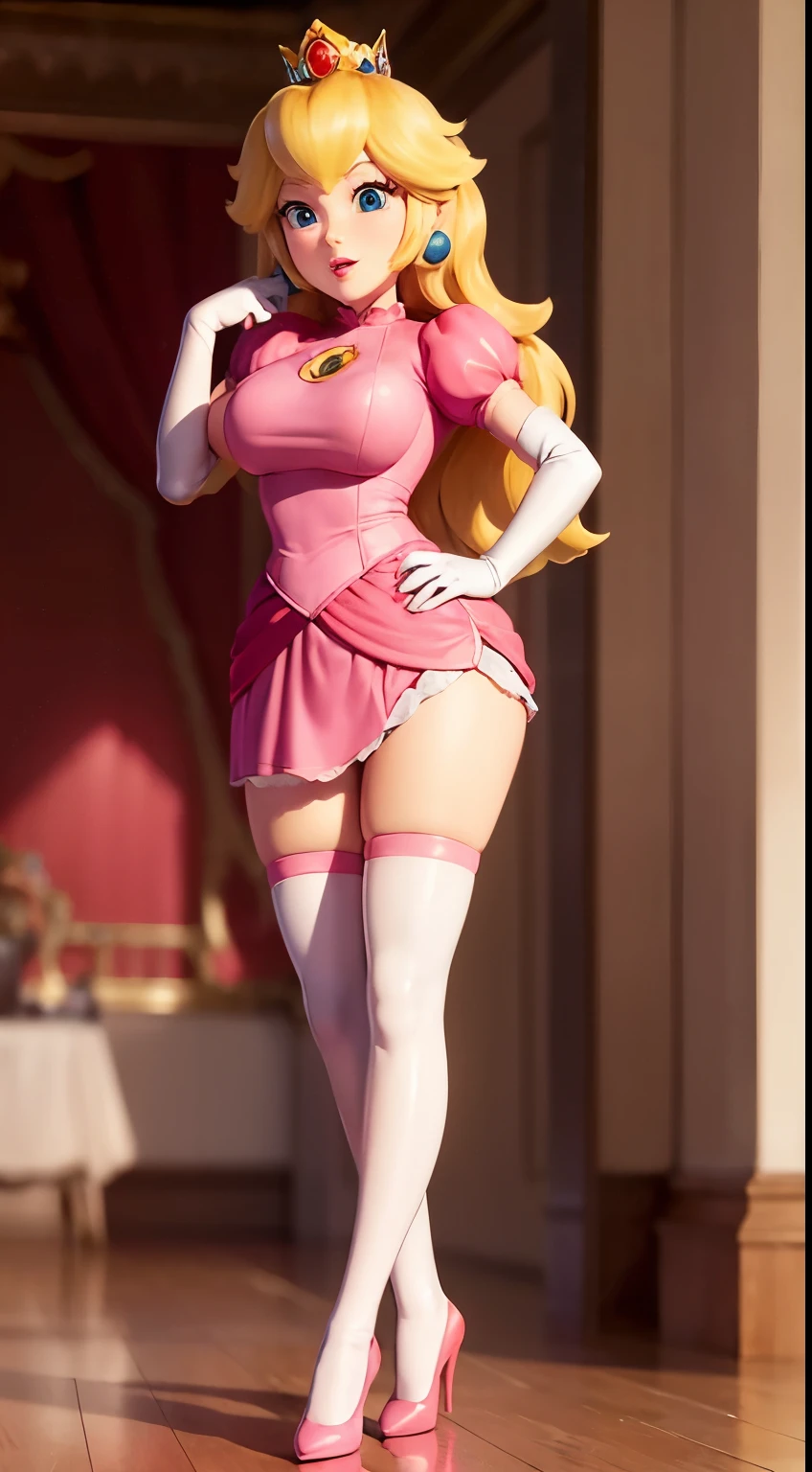 princess peach . Wearing a sexy tight short dress, with stockings above the knee , big breasts