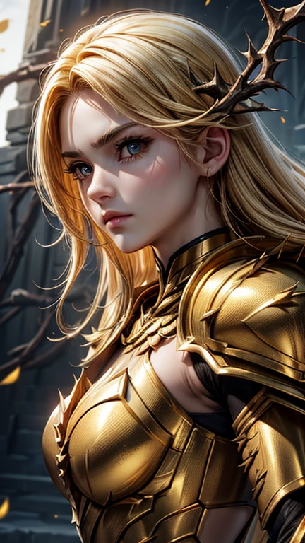 ((semi golden armor of thorns)), golden platelets, bright golden hair, ((detailed face)), strong arms, half naked, big eyes.