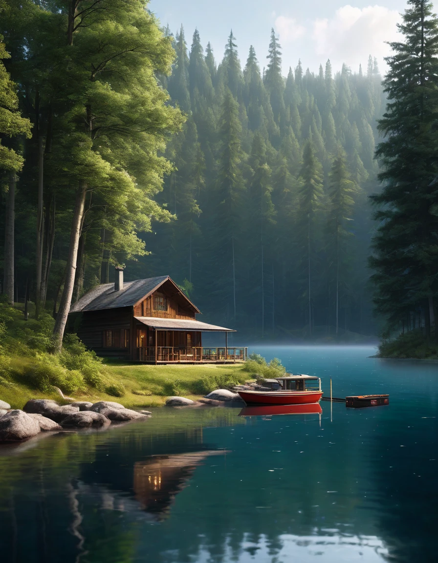 there is a boat  ,   who is swimming in the water next to the cabin,   hut in the woods  ,   3D rendering and oil painting  , ,   3d matt painting rendering  ,   Inspired by Gregory Crewdson  ,   matte drawing Unreal Engine  , одинокая   hut in the woods  , photorealistic landscape  ,  dark setting ,   photorealistic matte painting  , ultra-realistic matte painting ,   Beautiful landscape render  