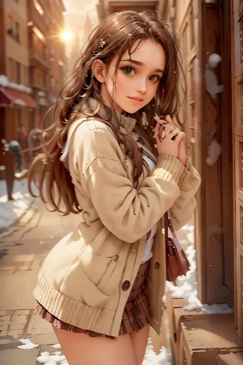 (best quality,4k,8k,highres,masterpiece:1.2),ultra-detailed,(realistic,photorealistic,photo-realistic:1.37),the last sunset before leaving,winter sky at sunset,soft colors,pink orange,blue,mist,rows of trees and buildings,peaceful atmosphere,serene winter landscape,subtle hues,receding sunlight,golden hour,quiet streets,gentle breeze,kiss of warmth,city silhouette,icy branches,elegant architecture,wistful mood,majestic skyline,little snowflakes dancing,final goodbye.