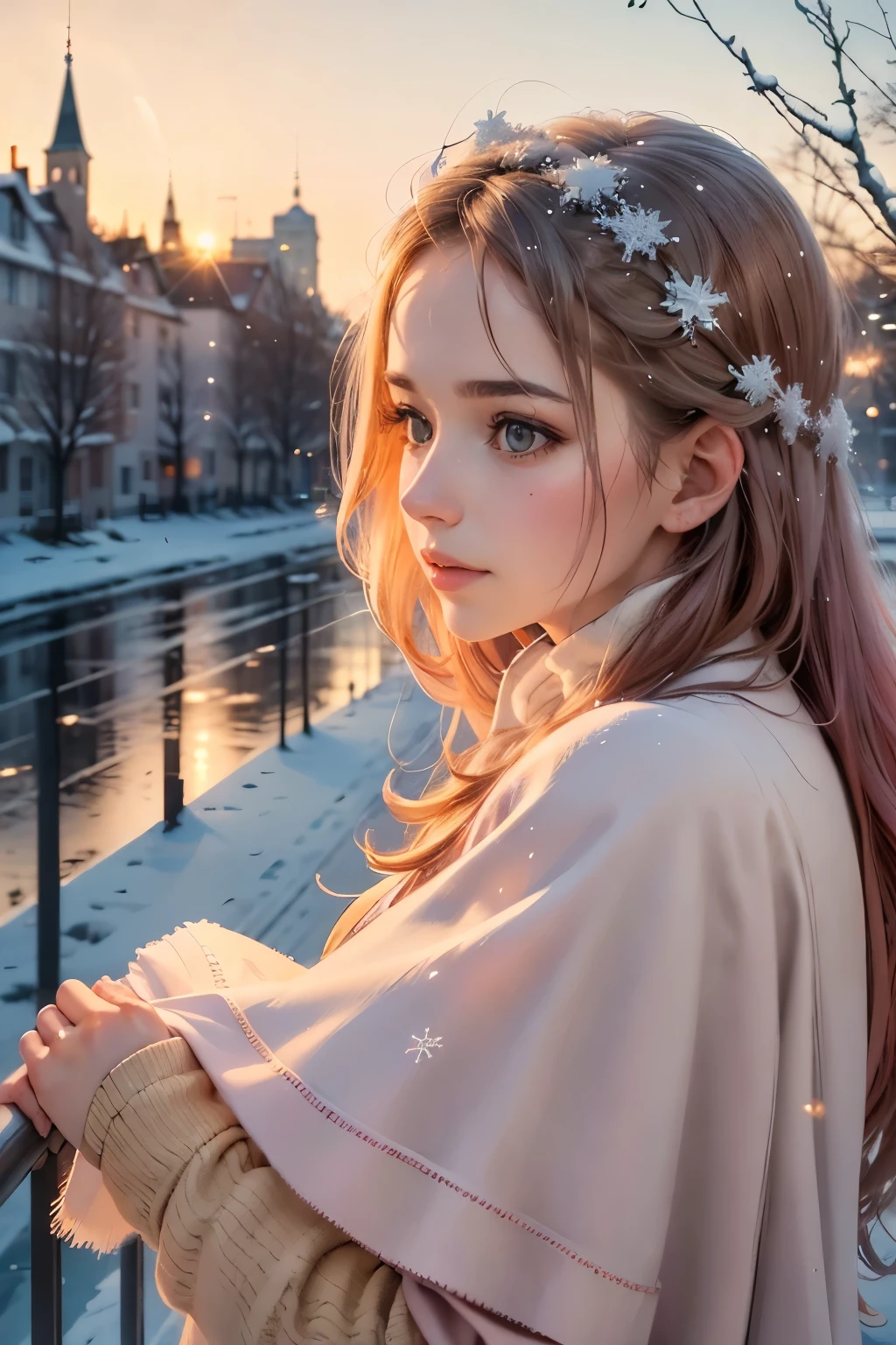 (best quality,4k,8k,highres,masterpiece:1.2),ultra-detailed,(realistic,photorealistic,photo-realistic:1.37),the last sunset before leaving,winter sky at sunset,soft colors,pink orange,blue,mist,rows of trees and buildings,peaceful atmosphere,serene winter landscape,subtle hues,receding sunlight,golden hour,quiet streets,gentle breeze,kiss of warmth,city silhouette,icy branches,elegant architecture,wistful mood,majestic skyline,little snowflakes dancing,final goodbye.