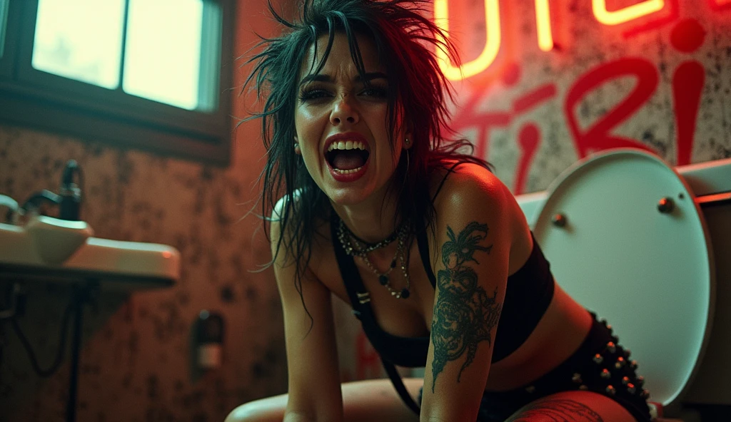 On your knees looking up, mouth open, tongue out, ((salivating)) , detailed theet, detailed skin, Hot Metalhead girl, Hot body, young girl, ((colorful hair)) ((wearing a sexy Black latex)), tattooed, detailed beautiful face, perfect face, (masterpiece), best quality, high resolution, extremely detailed, cinematic lighting, fit athletic body, realistic, photorealistic, slim body, abs, ((Tongue out)). (((A dystopic abandoned  BACKGROUND))) .