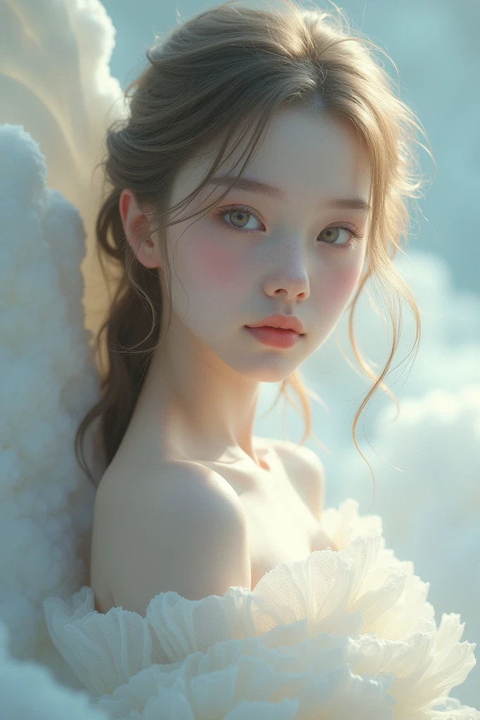 1 girl ,angel, feathers, not wearing clothes, NUDE,(high resolution, Highly detailed, best quality), Medium bust