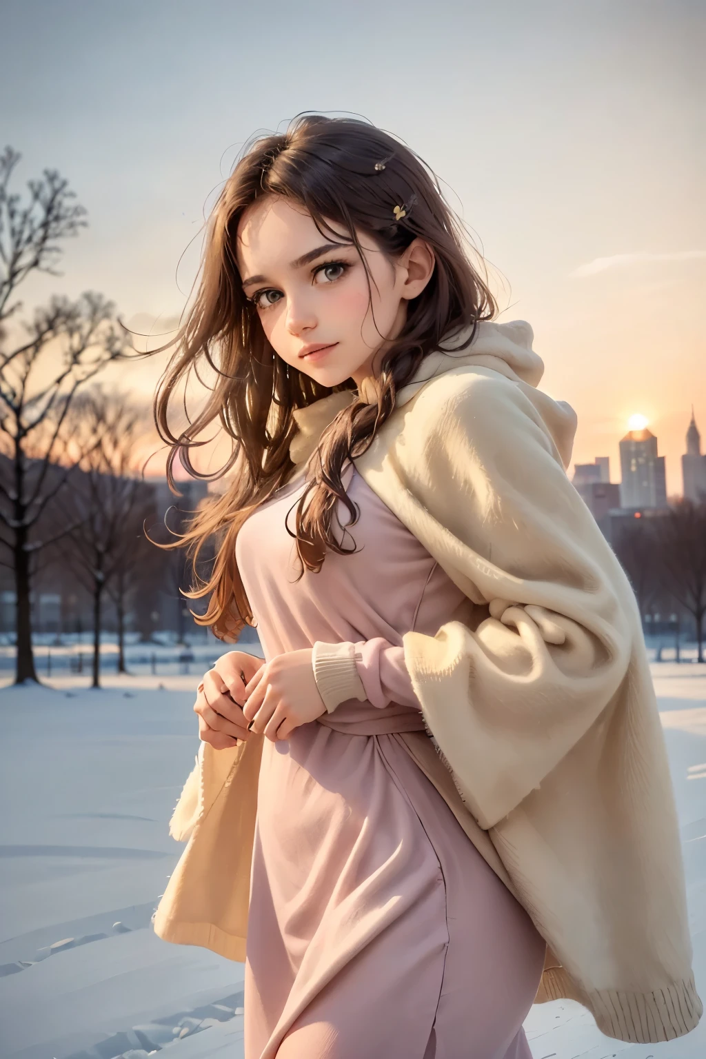 (best quality,4k,8k,highres,masterpiece:1.2),ultra-detailed,(realistic,photorealistic,photo-realistic:1.37),the last sunset before leaving,winter sky at sunset,soft colors,pink orange,blue,mist,rows of trees and buildings,peaceful atmosphere,serene winter landscape,subtle hues,receding sunlight,golden hour,quiet streets,gentle breeze,kiss of warmth,city silhouette,icy branches,elegant architecture,wistful mood,majestic skyline,little snowflakes dancing,final goodbye.
